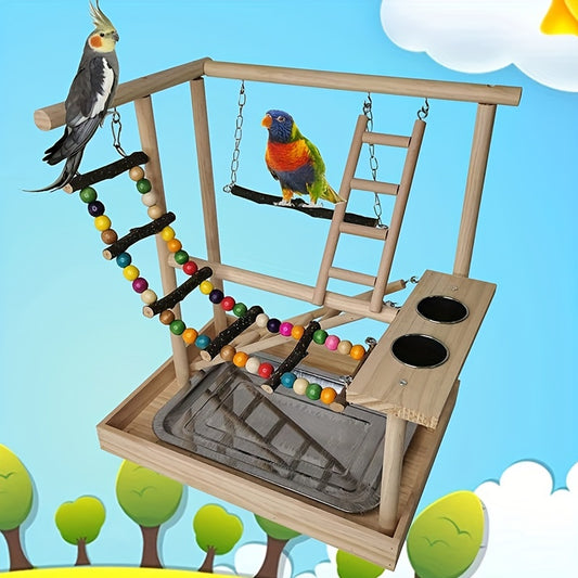 Deluxe Wooden Parrot Playstand with Climbing Ladder, Swing & Chew Toys - Includes Feeding Cups - Ideal for Small to Medium Birds like Parakeets, Conures & Lovebirds - Sturdy, Safe & Durable Exercise Center, Bird Toys