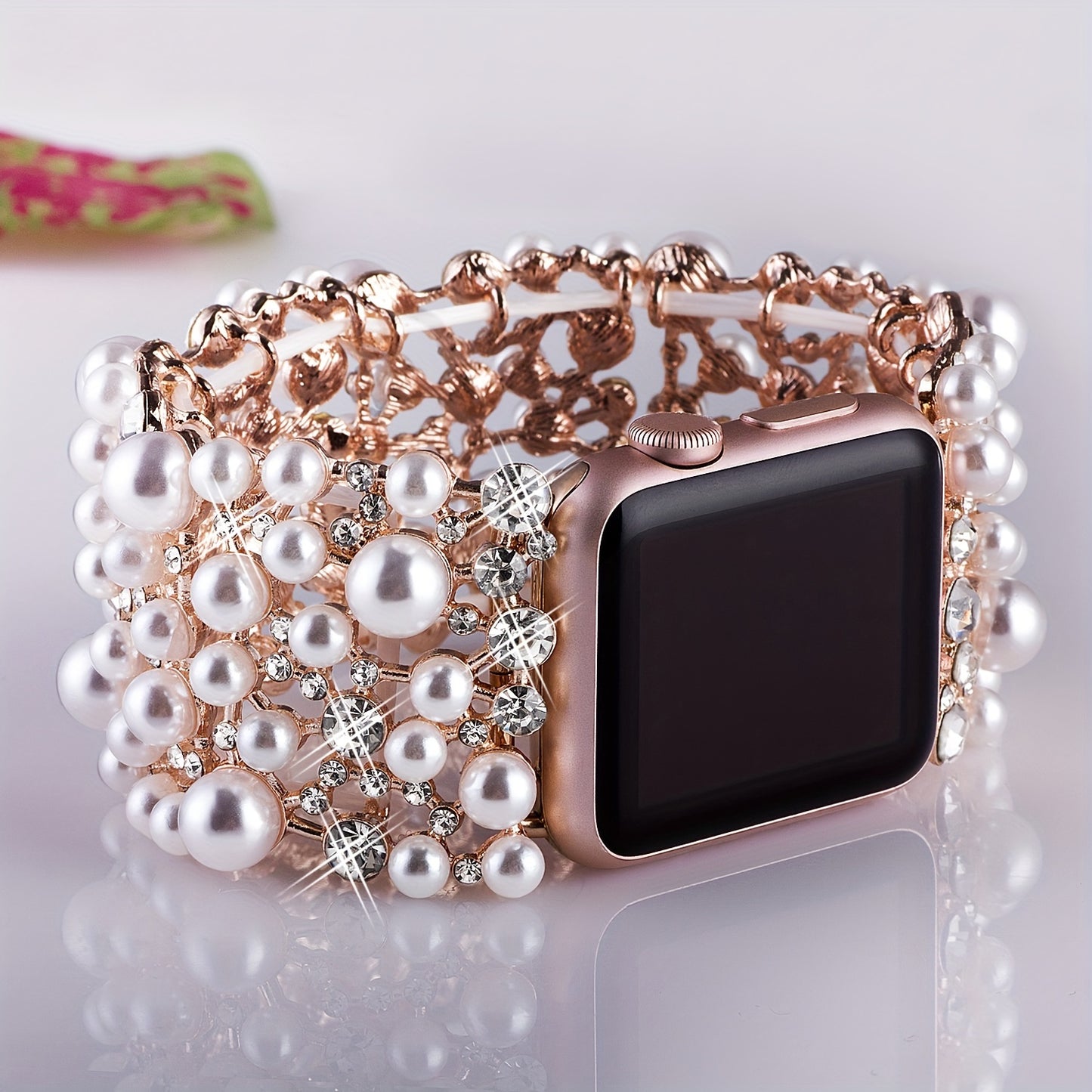 38mm 40mm 41mm 42mm 44mm 45mm 49mm Bling Bands Diamond Rhinestone Stainless Steel Metal Pearl Wristband - Elegant Dressy Jewelry Strap for Apple Watch, Compatible with Series SE 9 8 7 6 5 4 3 2 Ultra, Perfect for Outdoor Life