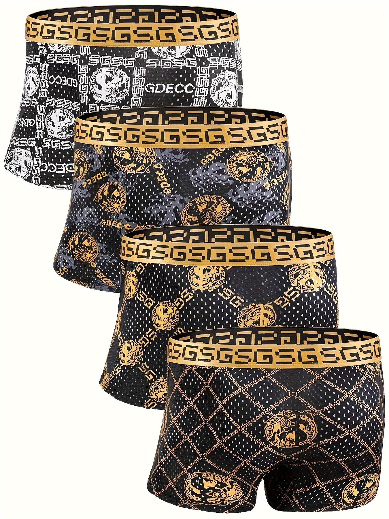 4pcs GDECC Luxury Men's Boxer Briefs - Ice Sliky Fiber Fabric, High Elasticity Breathable Underwear with Full-Body Leopard Print & Golden 'S' Logo, Black & Golden Checkered Design for Daily & Casual Wear, Comfortable Undergar