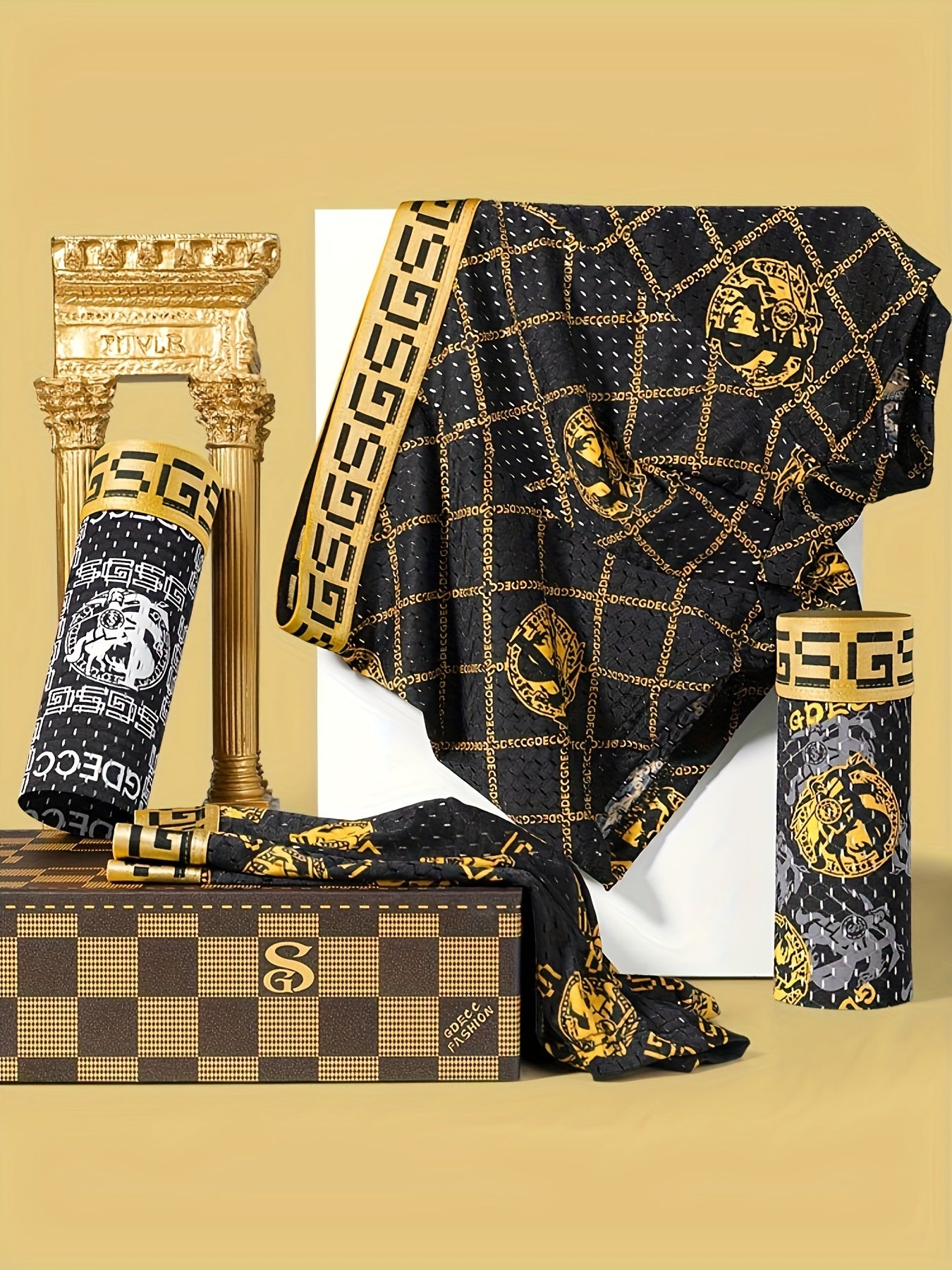 4pcs GDECC Luxury Men's Boxer Briefs - Ice Sliky Fiber Fabric, High Elasticity Breathable Underwear with Full-Body Leopard Print & Golden 'S' Logo, Black & Golden Checkered Design for Daily & Casual Wear, Comfortable Undergar