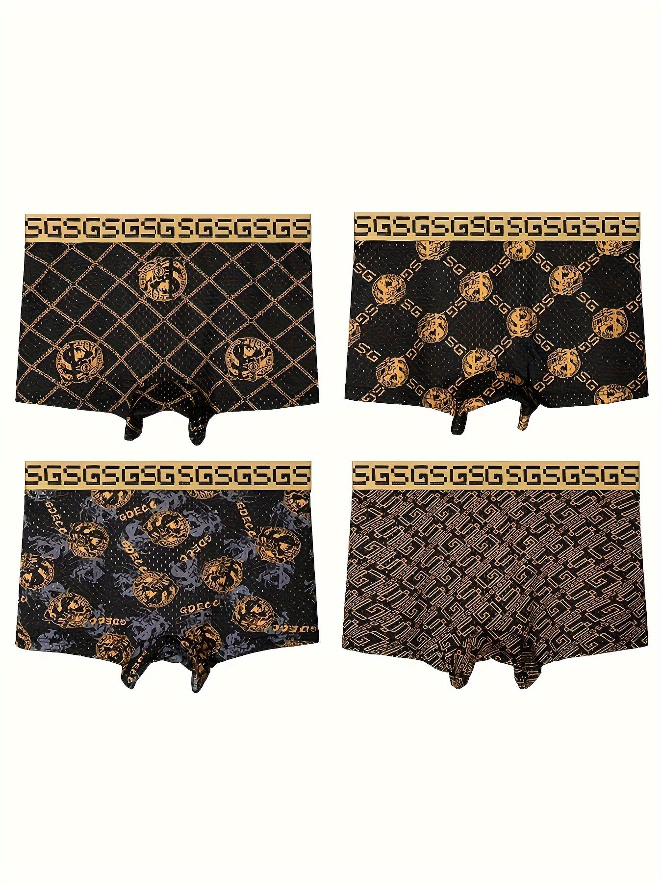 4pcs GDECC Luxury Men's Boxer Briefs - Ice Sliky Fiber Fabric, High Elasticity Breathable Underwear with Full-Body Leopard Print & Golden 'S' Logo, Black & Golden Checkered Design for Daily & Casual Wear, Comfortable Undergar