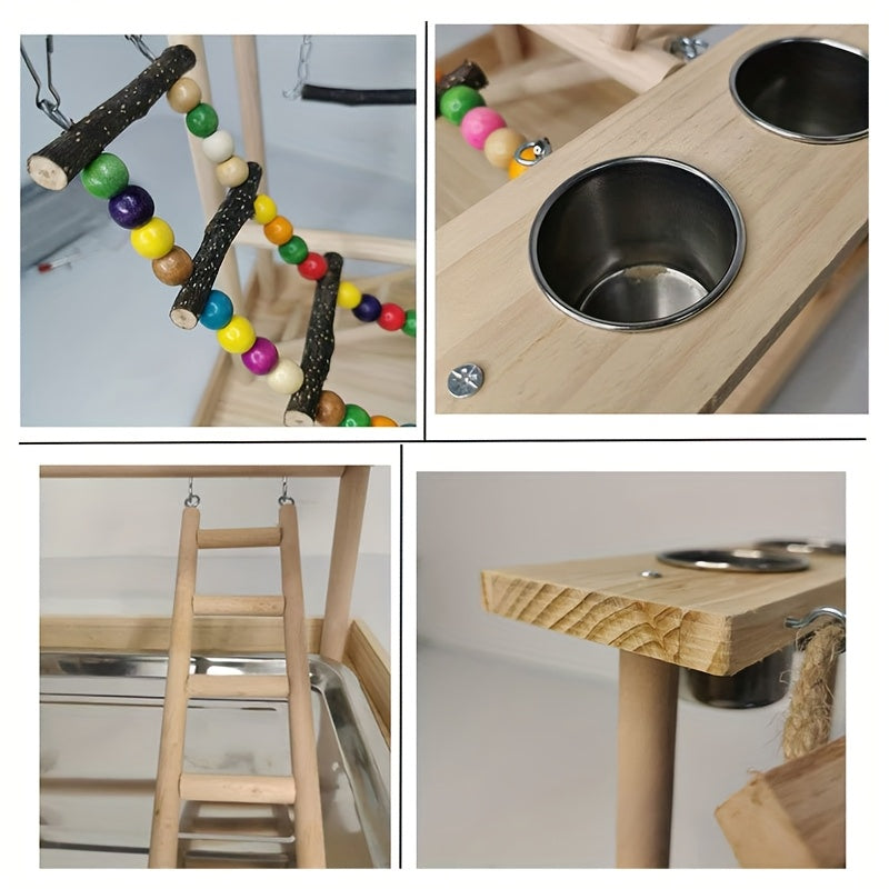 Deluxe Wooden Parrot Playstand with Climbing Ladder, Swing & Chew Toys - Includes Feeding Cups - Ideal for Small to Medium Birds like Parakeets, Conures & Lovebirds - Sturdy, Safe & Durable Exercise Center, Bird Toys