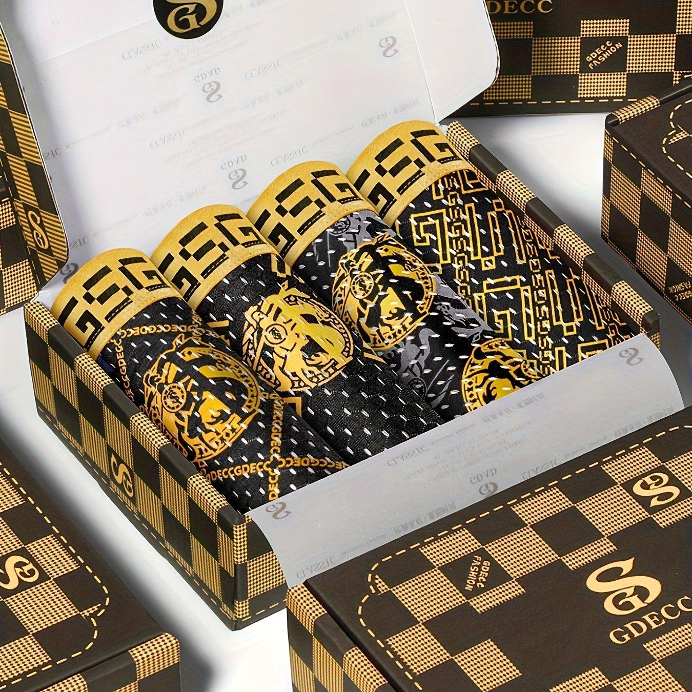 4pcs GDECC Luxury Men's Boxer Briefs - Ice Sliky Fiber Fabric, High Elasticity Breathable Underwear with Full-Body Leopard Print & Golden 'S' Logo, Black & Golden Checkered Design for Daily & Casual Wear, Comfortable Undergar
