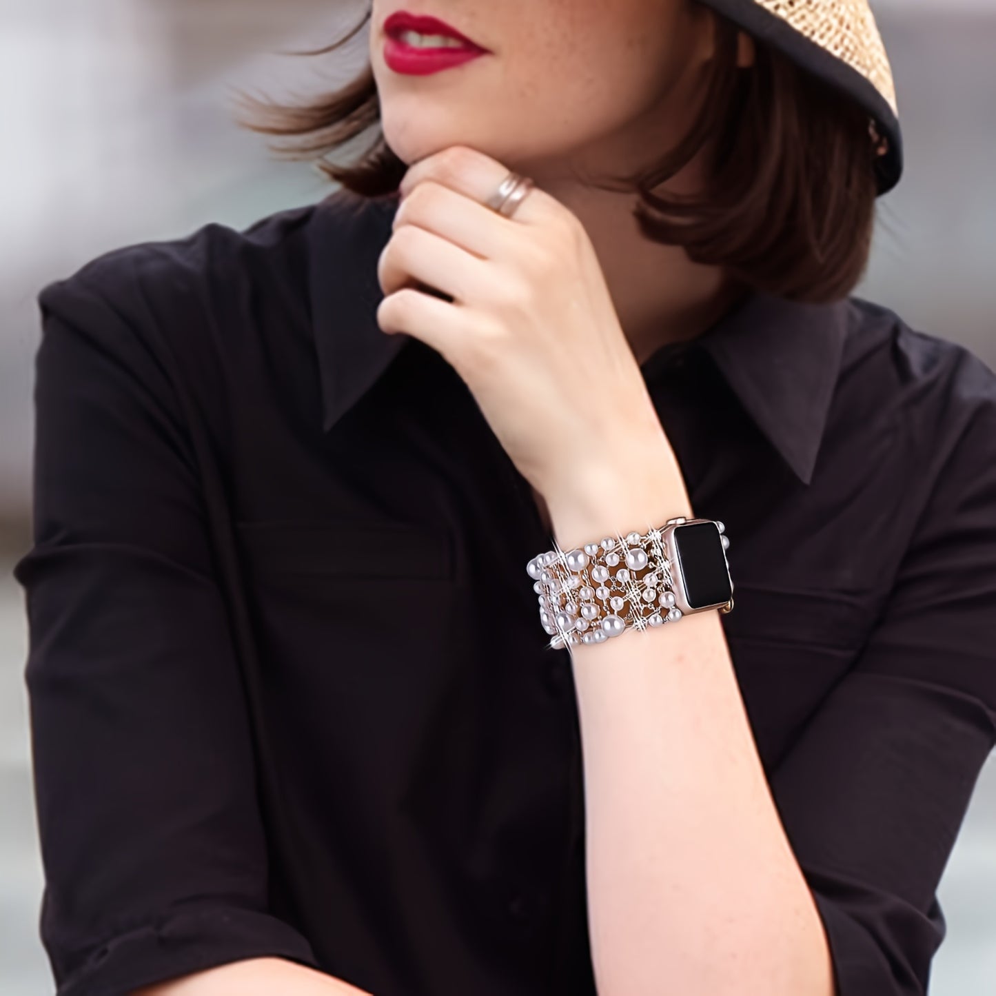 38mm 40mm 41mm 42mm 44mm 45mm 49mm Bling Bands Diamond Rhinestone Stainless Steel Metal Pearl Wristband - Elegant Dressy Jewelry Strap for Apple Watch, Compatible with Series SE 9 8 7 6 5 4 3 2 Ultra, Perfect for Outdoor Life