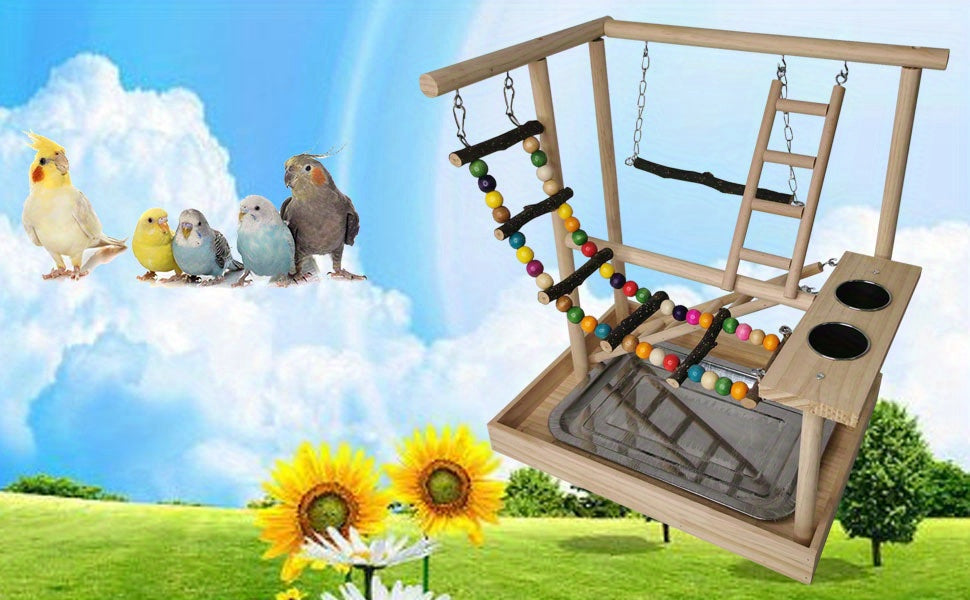 Deluxe Wooden Parrot Playstand with Climbing Ladder, Swing & Chew Toys - Includes Feeding Cups - Ideal for Small to Medium Birds like Parakeets, Conures & Lovebirds - Sturdy, Safe & Durable Exercise Center, Bird Toys