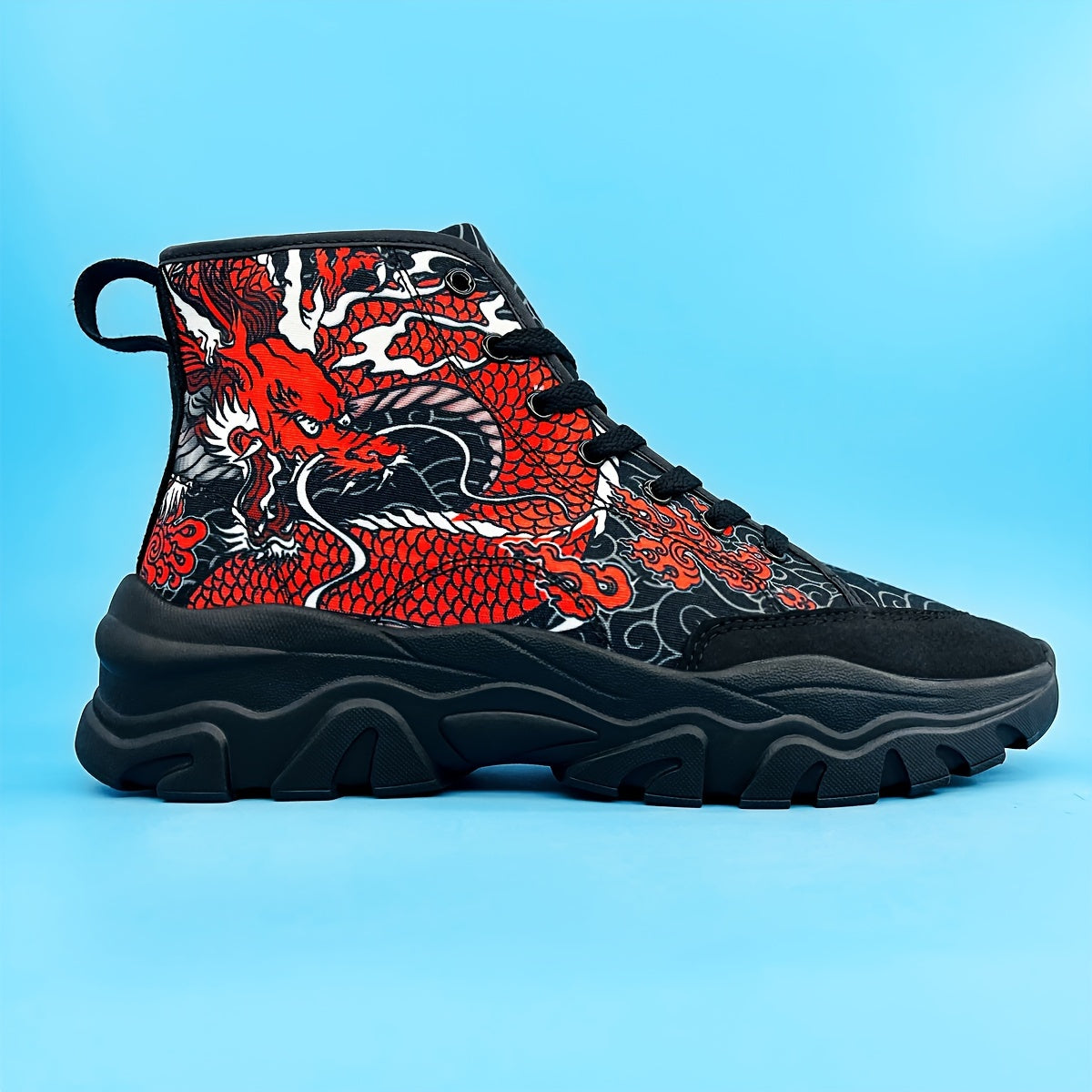 Dragon Pattern Chunky Sneakers - Elevated Ankle Support, Slip-Resistant Outsole, Cushioned Comfort, Relaxed Fit, Fashionable Design - Ideal for Mens Active Lifestyle, Perfect for Hiking, Camping, and More Outdoor Activities