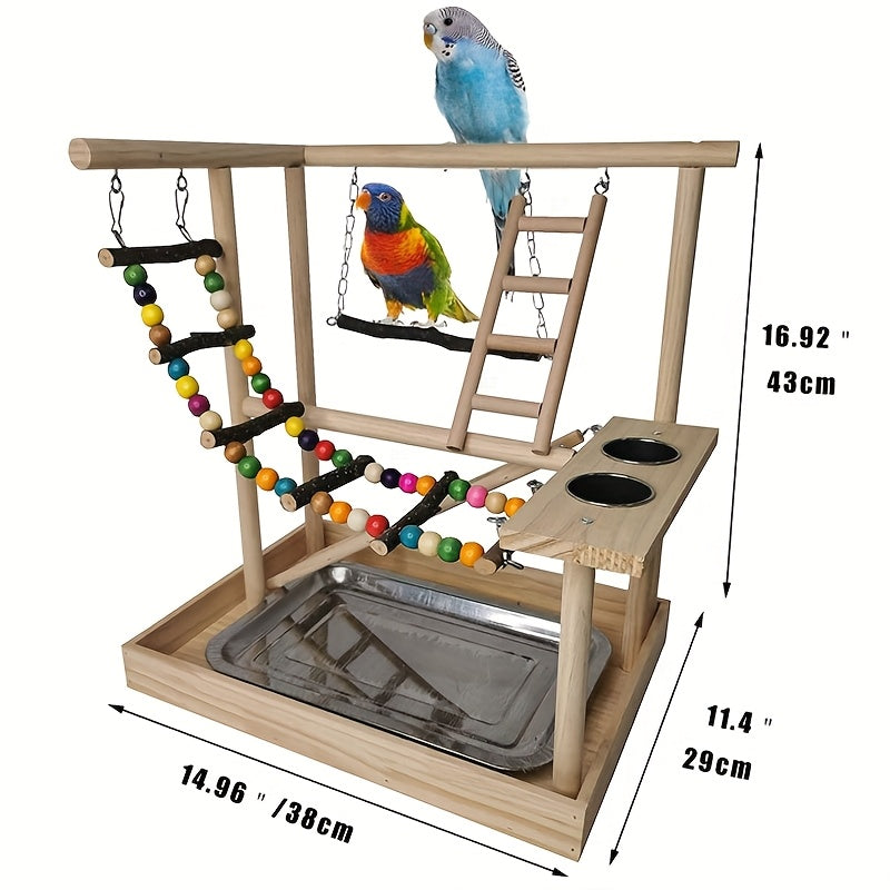 Deluxe Wooden Parrot Playstand with Climbing Ladder, Swing & Chew Toys - Includes Feeding Cups - Ideal for Small to Medium Birds like Parakeets, Conures & Lovebirds - Sturdy, Safe & Durable Exercise Center, Bird Toys