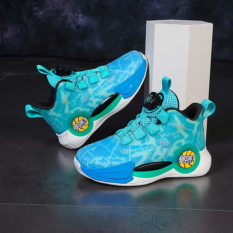 Stylish Kids' Glow-In-The-Dark Basketball Shoes - Rotating Buckle, Comfy Non-Slip Durable Sneakers with Breathable Mesh Upper, Ankle Support and Cushioned Insoles for Outdoor Play, Sports and Active Lifestyle