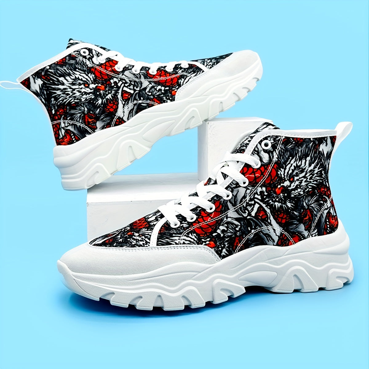 Dragon Pattern Chunky Sneakers - Elevated Ankle Support, Slip-Resistant Outsole, Cushioned Comfort, Relaxed Fit, Fashionable Design - Ideal for Mens Active Lifestyle, Perfect for Hiking, Camping, and More Outdoor Activities