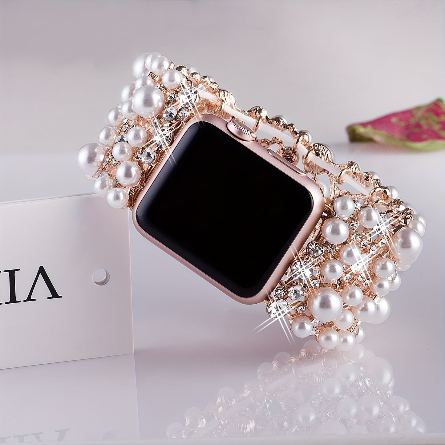 38mm 40mm 41mm 42mm 44mm 45mm 49mm Bling Bands Diamond Rhinestone Stainless Steel Metal Pearl Wristband - Elegant Dressy Jewelry Strap for Apple Watch, Compatible with Series SE 9 8 7 6 5 4 3 2 Ultra, Perfect for Outdoor Life