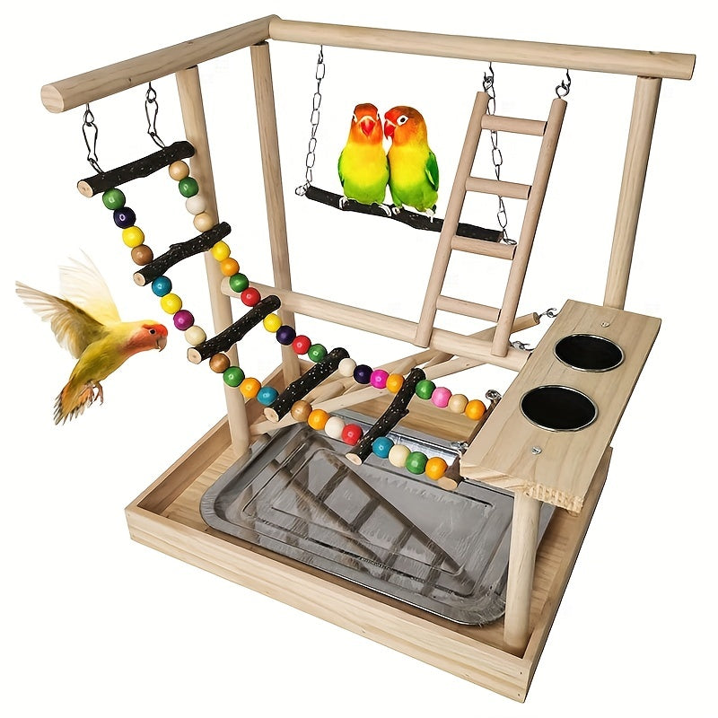Deluxe Wooden Parrot Playstand with Climbing Ladder, Swing & Chew Toys - Includes Feeding Cups - Ideal for Small to Medium Birds like Parakeets, Conures & Lovebirds - Sturdy, Safe & Durable Exercise Center, Bird Toys