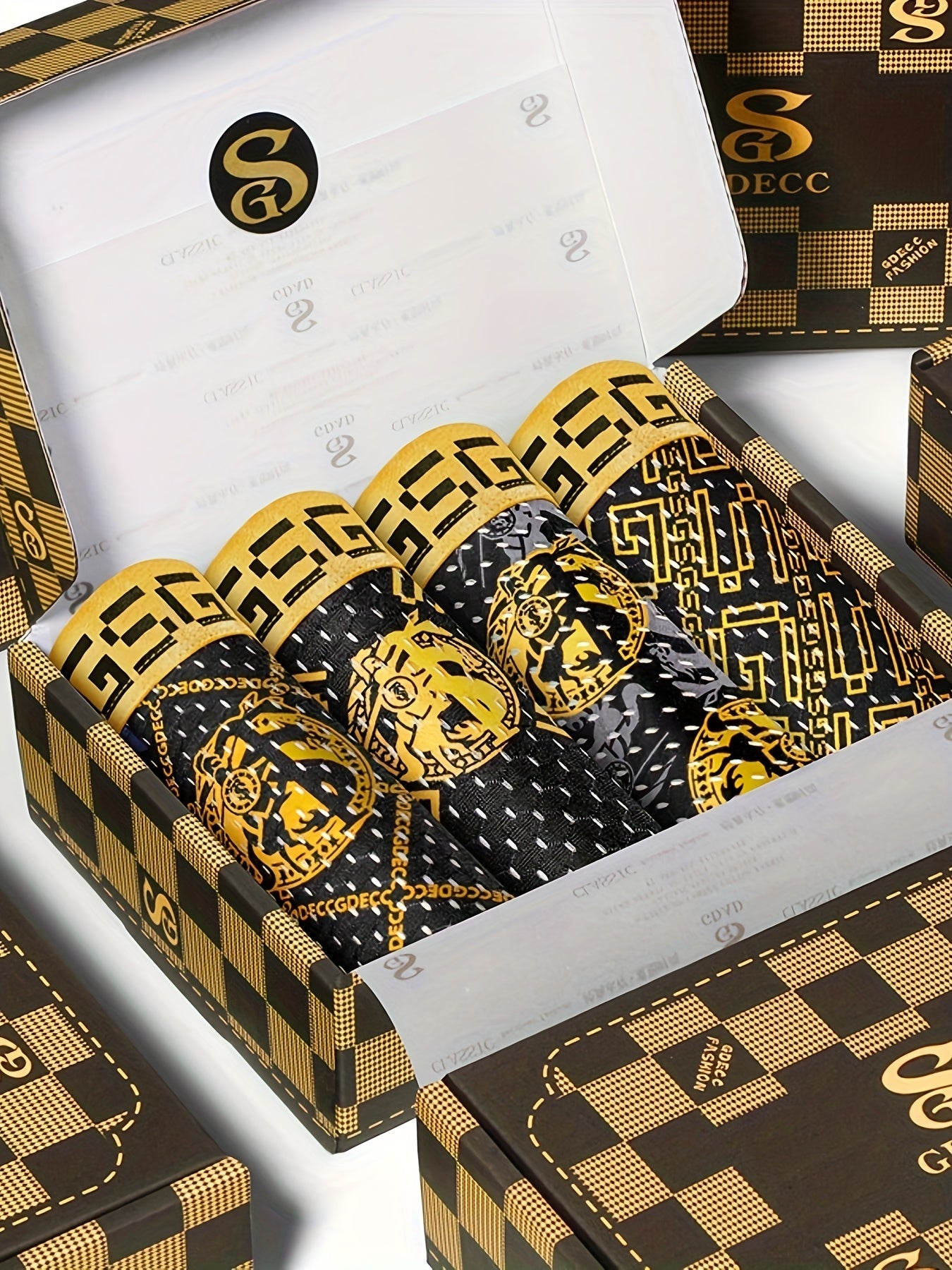 4pcs GDECC Luxury Men's Boxer Briefs - Ice Sliky Fiber Fabric, High Elasticity Breathable Underwear with Full-Body Leopard Print & Golden 'S' Logo, Black & Golden Checkered Design for Daily & Casual Wear, Comfortable Undergar