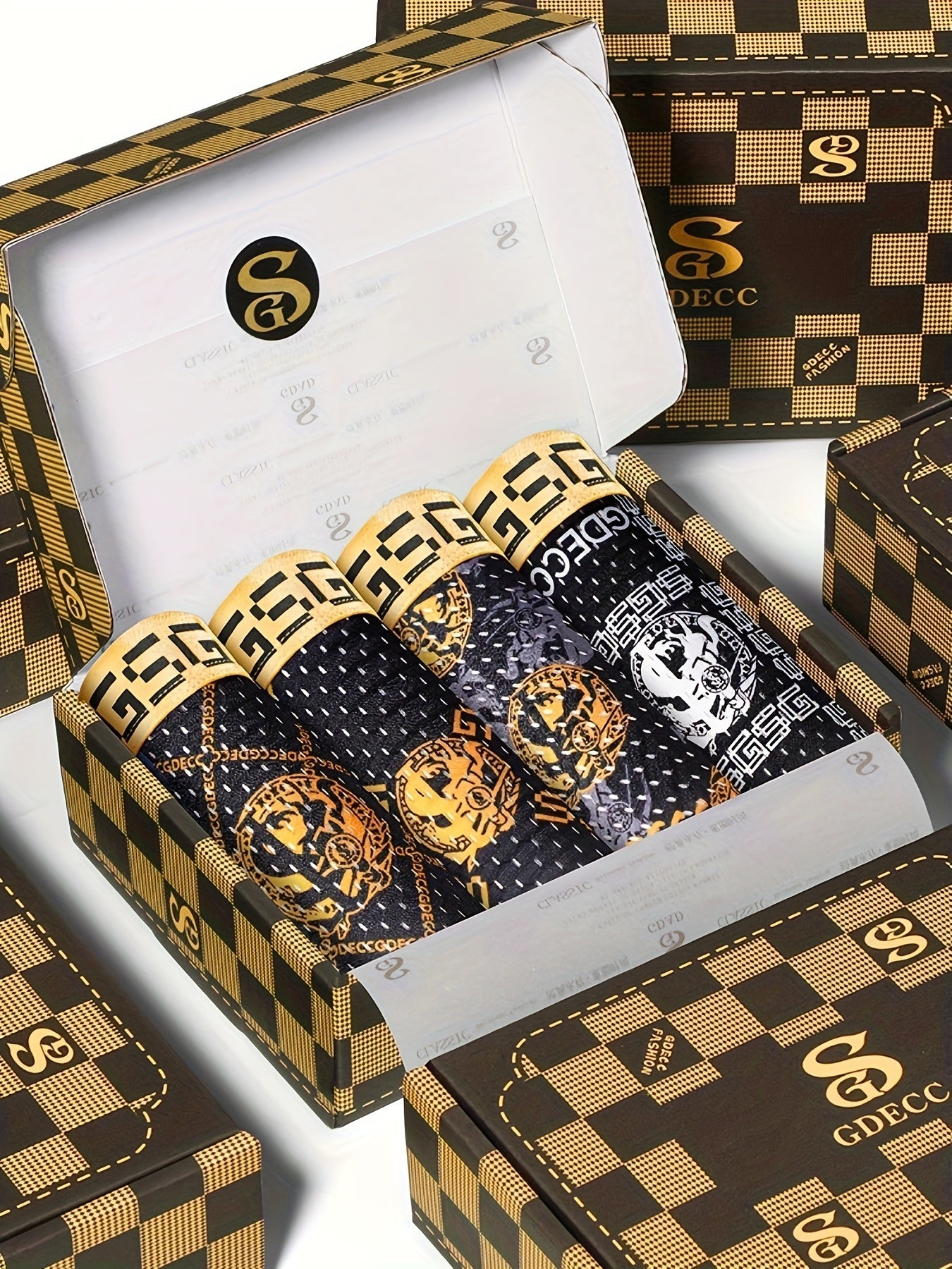 4pcs GDECC Luxury Men's Boxer Briefs - Ice Sliky Fiber Fabric, High Elasticity Breathable Underwear with Full-Body Leopard Print & Golden 'S' Logo, Black & Golden Checkered Design for Daily & Casual Wear, Comfortable Undergar