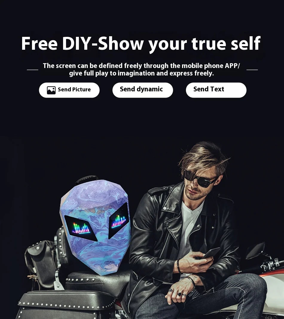 DIY Pattern Shell Helmet Iron Man Motorcycle Rider Backpack with LED Light up and Waterproof Leather Waist Bag