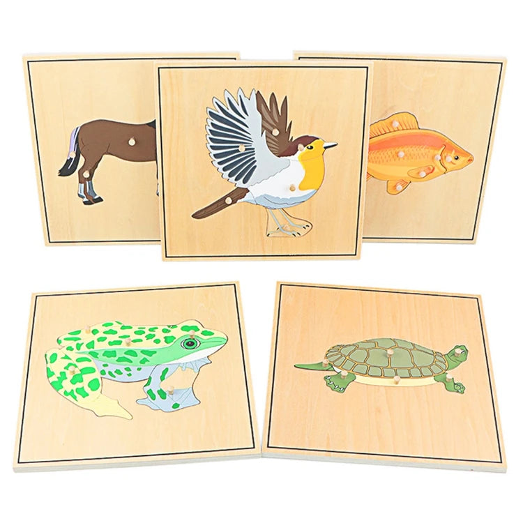 Children Educational Toys Montessori Materials Biology Wooden Skeleton Puzzle Frog Horse Tortiose Fish Bird Animal Toys for Boy