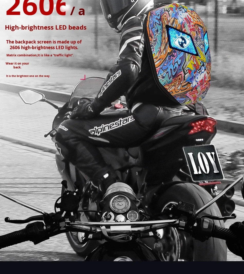 DIY Pattern Shell Helmet Iron Man Motorcycle Rider Backpack with LED Light up and Waterproof Leather Waist Bag