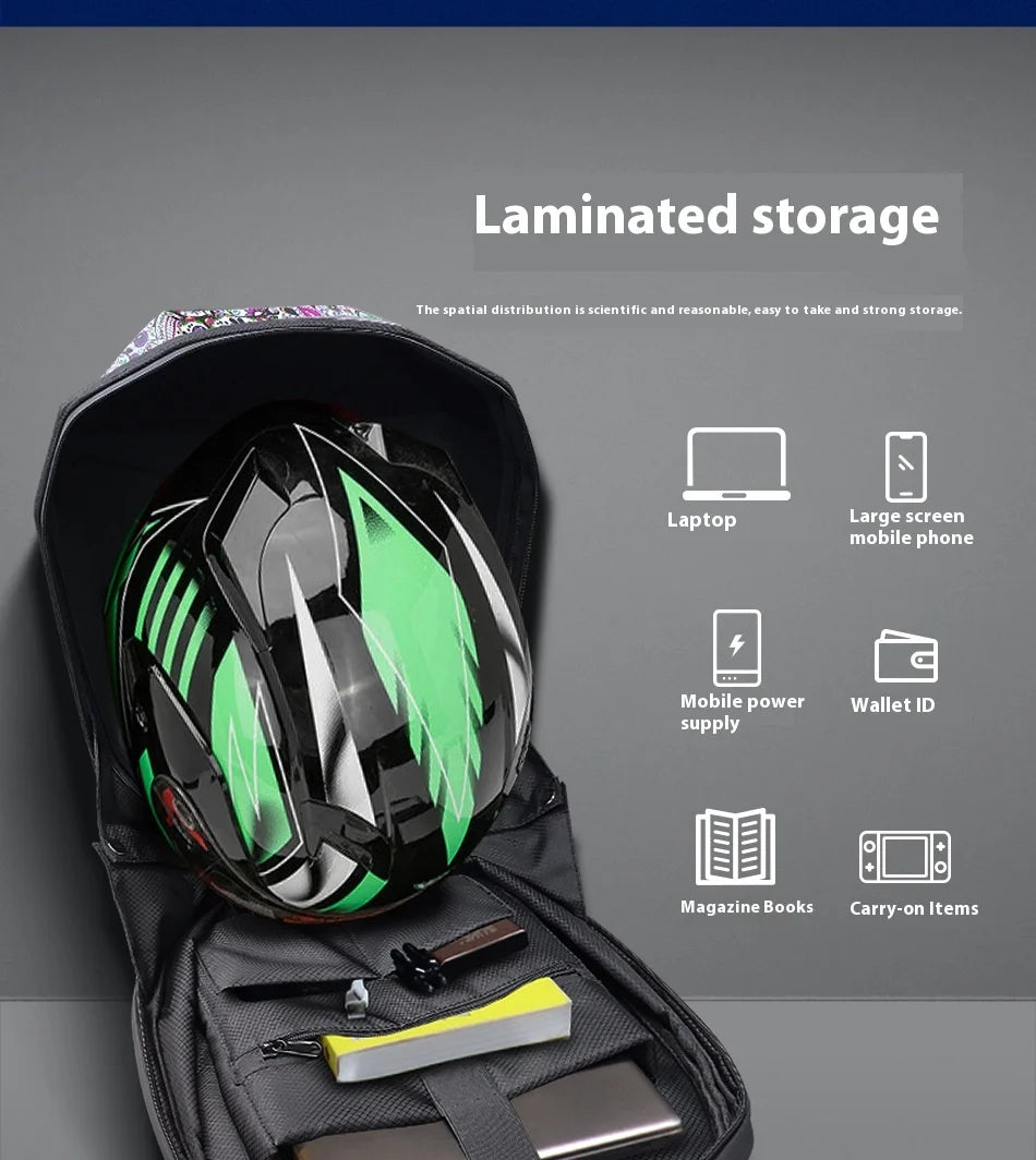 DIY Pattern Shell Helmet Iron Man Motorcycle Rider Backpack with LED Light up and Waterproof Leather Waist Bag