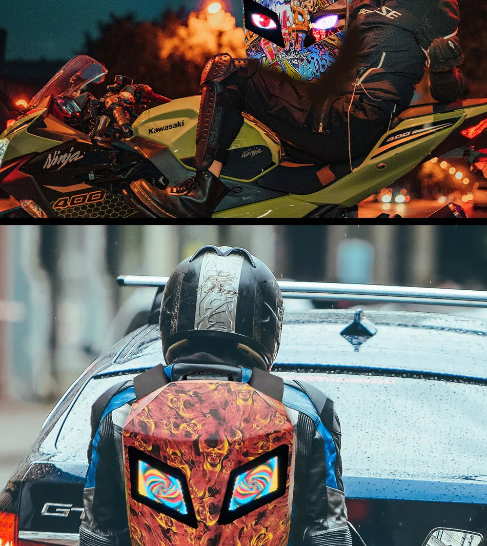 DIY Pattern Shell Helmet Iron Man Motorcycle Rider Backpack with LED Light up and Waterproof Leather Waist Bag