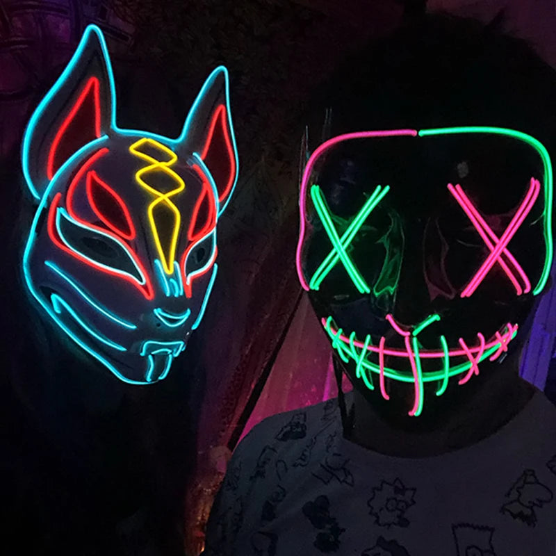 Hot Sales Halloween Horror Mask LED Neon Light up Mask Carnival Party Scary Mask Cosplay LED Mask Glow Party Supplies Dropship