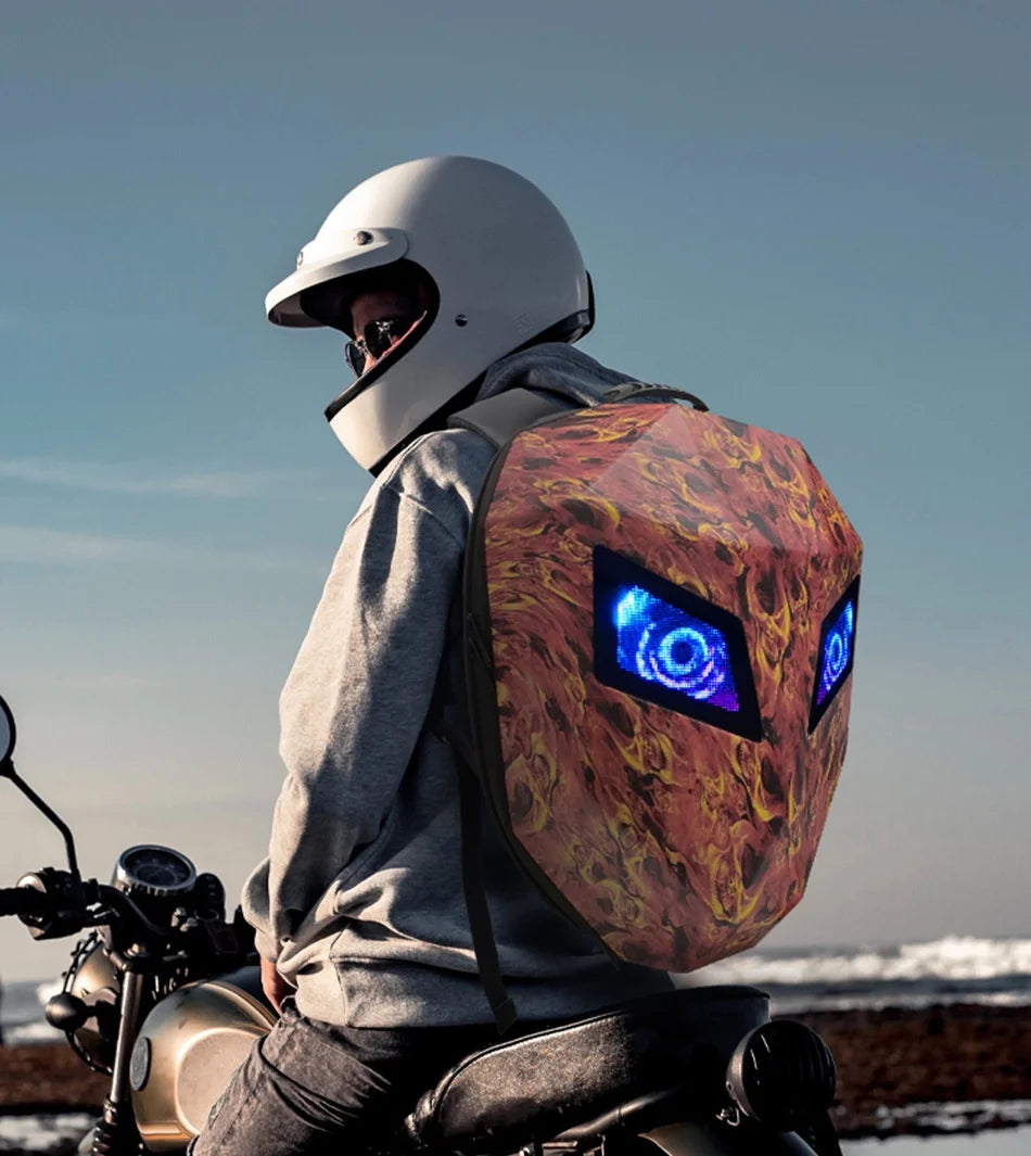 DIY Pattern Shell Helmet Iron Man Motorcycle Rider Backpack with LED Light up and Waterproof Leather Waist Bag