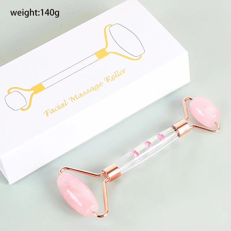 Natural Facial Massager Face Roller Gua Sha Scraper Double Heads Jade Stone Roller Skin Care Rose Quartz Massage for Face Body