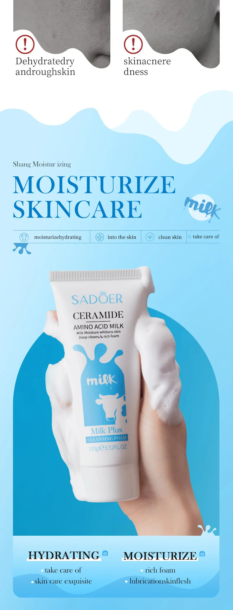 SADOER Milk Facial Cleanser Moisturizing Skin Brightening Nourishing Wash Foam Face Cleanser Facial Skin Care for Beauty