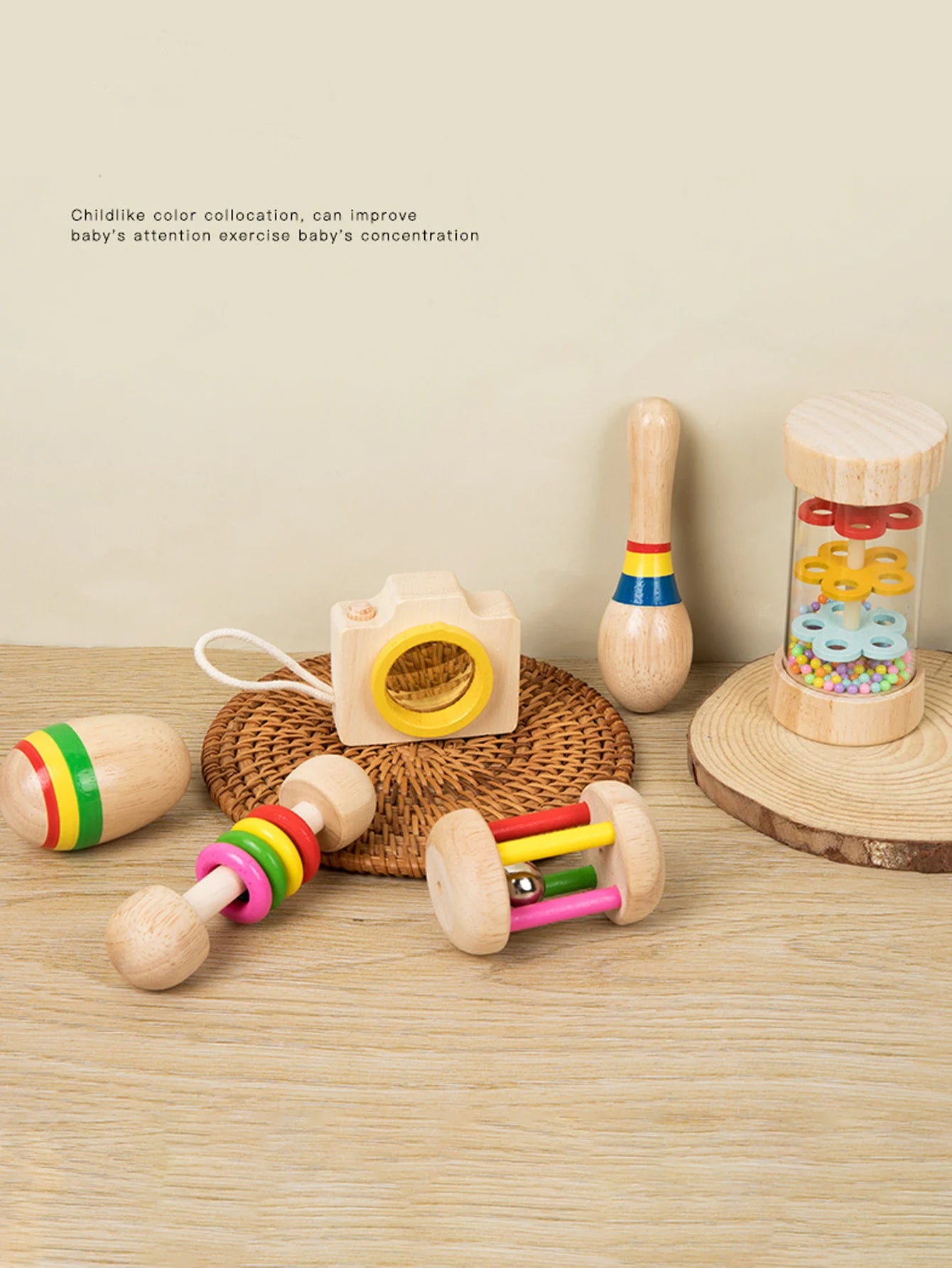 6pcs/set Wooden Musical Instruments Toys, Small Rattle, Sand Hammer, Sand Ball, Shake Bell Kaleidoscope, Griping Practice Toys