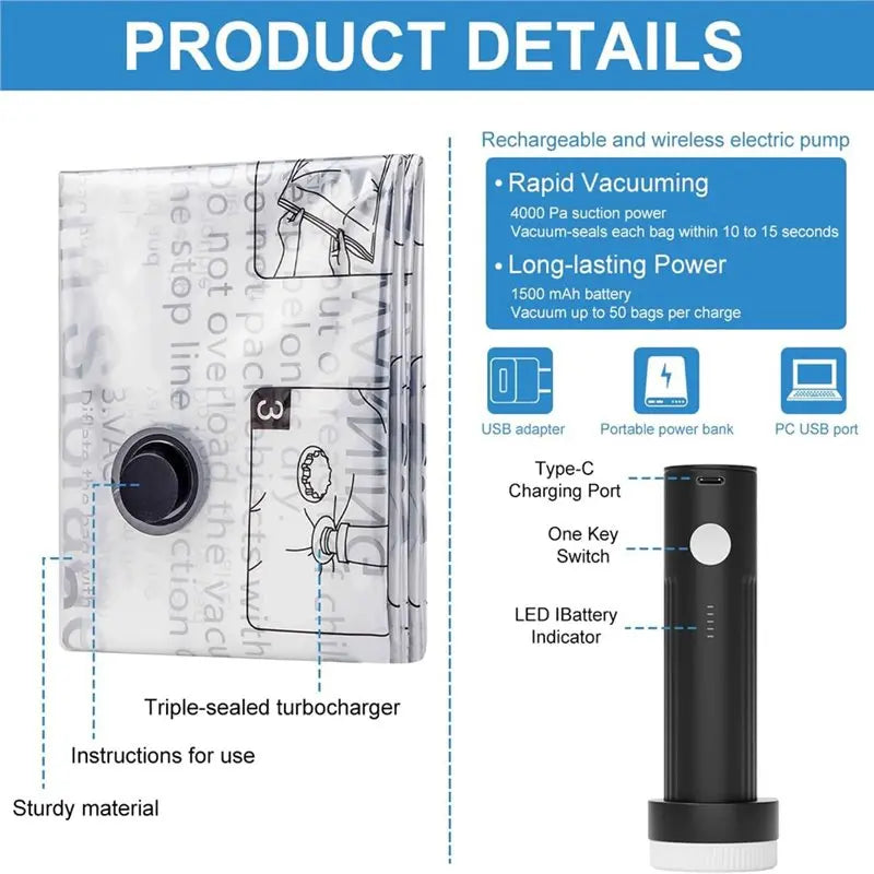 B59B-Space Saver Vacuum Storage Bag With Pump For Clothing,Travel Vacuum Seal Bag Vacuum Packing Bags For Luggage, Blankets