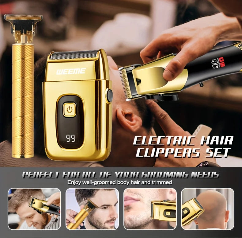 Men's Grooming Kit 3-Piece Set, Golden Balck Hair Clippers With LCD Display, USB Rechargeable, 8 Guide Combs, Trimmer And Shaver