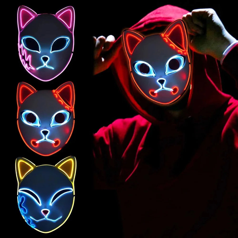 LED Fox Mask Halloween Mask Japanese Anime Cosplay Luminous Mask Suitable for Masquerade Holiday Party No Batteries Included