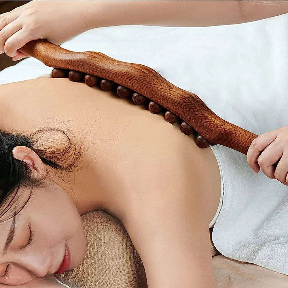 Guasha Wood Stick Tools Wooden Therapy Scraping Lymphatic Drainage Massager, Double Row 31 Beads Point Treatment Gua Sha Tools