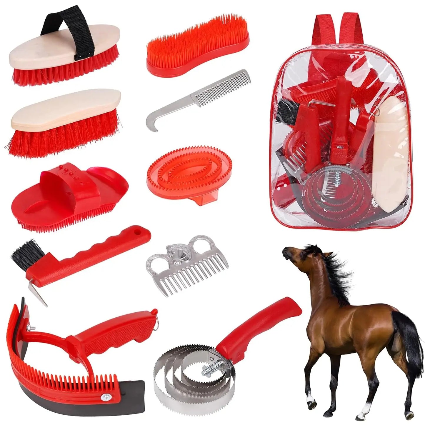 Horse Grooming Tool Set Cleaning Kit Mane Tail Comb Massage Curry Brush Sweat Scraper Hoof Pick Curry Comb Scrubber