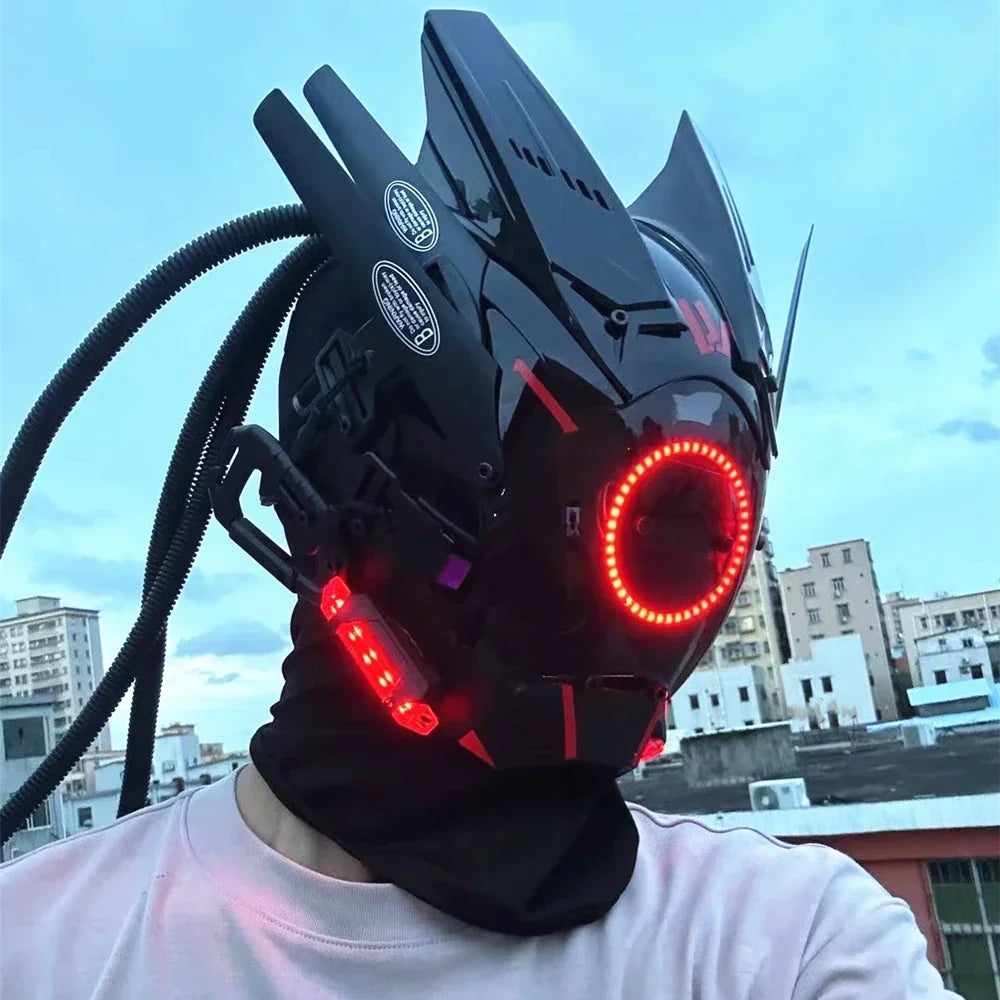 Cyberpunk mask red lighting led with hair Music Festival fantastic cosplay sci-fi soldier helmet Halloween party gift for adults