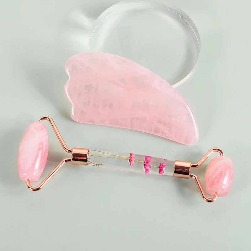 Natural Facial Massager Face Roller Gua Sha Scraper Double Heads Jade Stone Roller Skin Care Rose Quartz Massage for Face Body