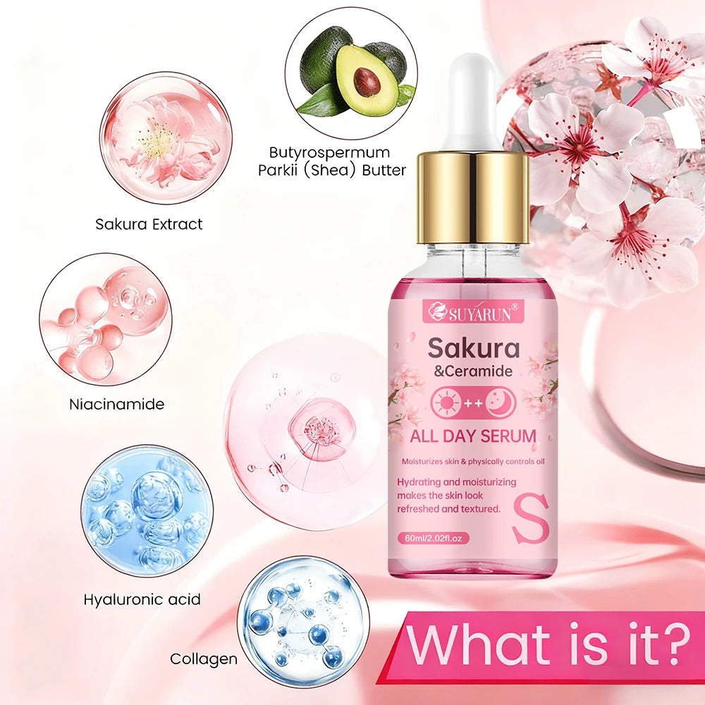 SUYARUN Sakura & Ceramide Essence Serum Anti-Aging Hydrating Facial Treatment for Glowing Skin.
