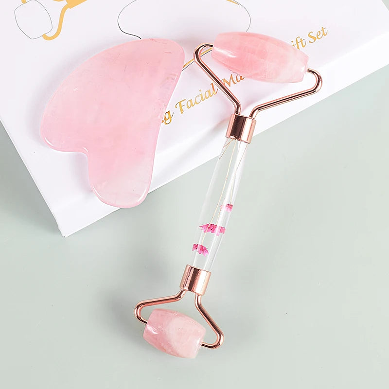 Natural Facial Massager Face Roller Gua Sha Scraper Double Heads Jade Stone Roller Skin Care Rose Quartz Massage for Face Body