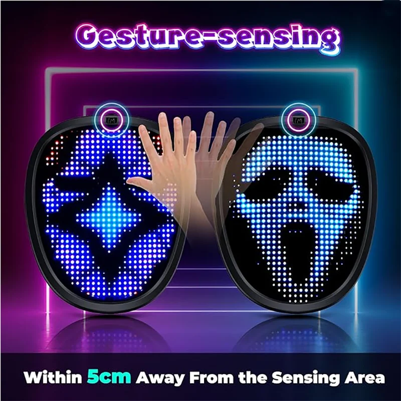 LED Mask with Gesture Sensing Children Electronic Light up Mask for Halloween Party Festival Performance Kids Luminous Mask