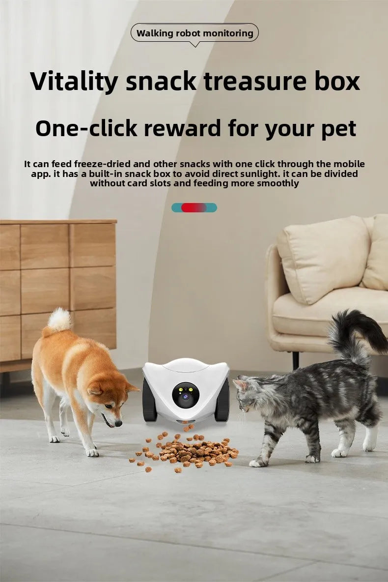 Intelligent pet feeder can be remotely controlled equipped with a camera capable of moving communicating and featuring a laser