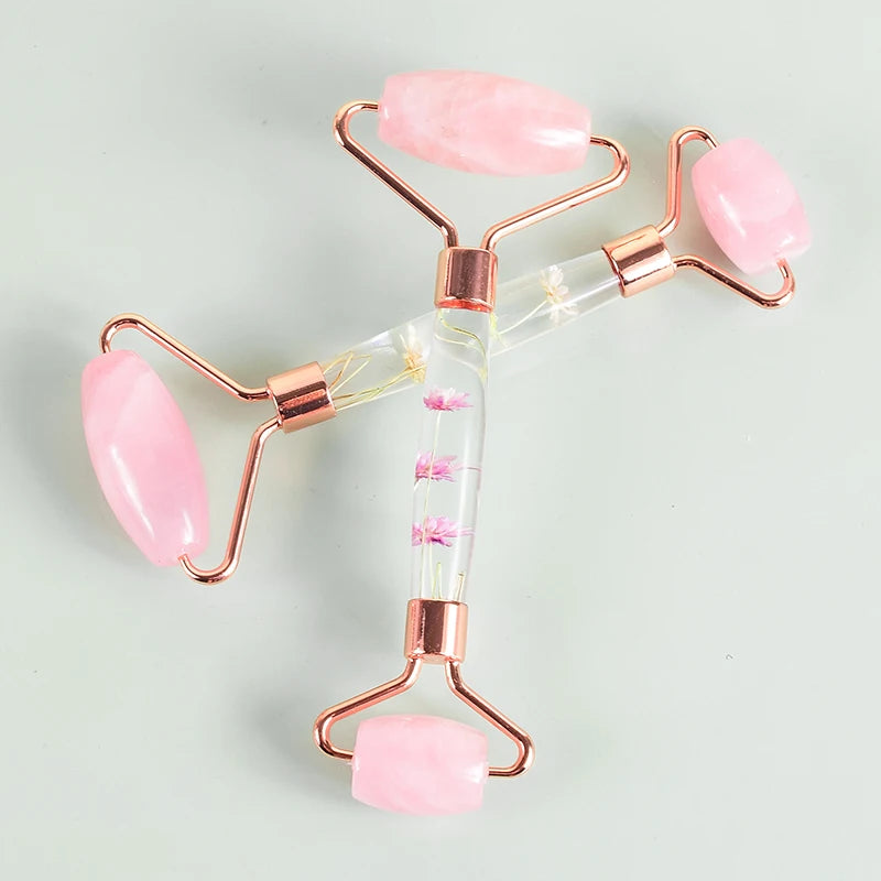Natural Facial Massager Face Roller Gua Sha Scraper Double Heads Jade Stone Roller Skin Care Rose Quartz Massage for Face Body