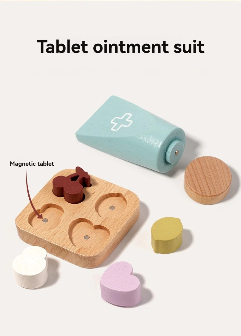 Children playing house simulation, doctors, nurses, stethoscopes, medical kits, syringes, toy sets, wooden boys and girls