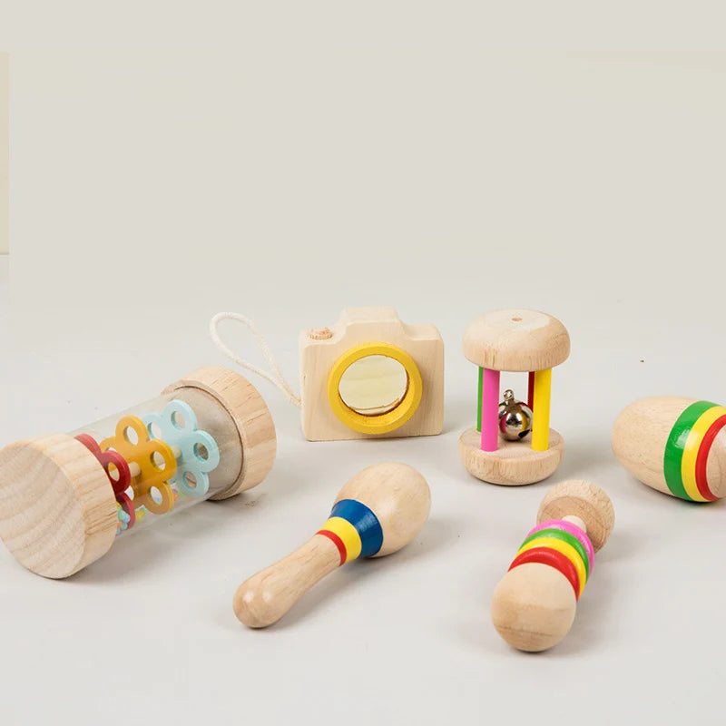 6pcs/set Wooden Musical Instruments Toys, Small Rattle, Sand Hammer, Sand Ball, Shake Bell Kaleidoscope, Griping Practice Toys