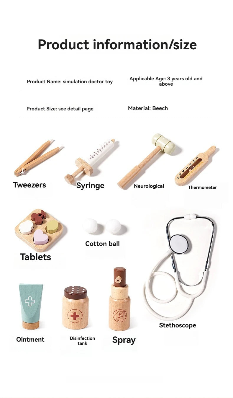 Children playing house simulation, doctors, nurses, stethoscopes, medical kits, syringes, toy sets, wooden boys and girls