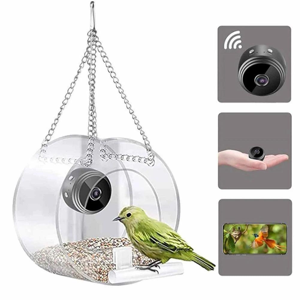 Smart Feeding House Acrylic with Camera Home Pet Bird Feeder Transparent 1080P HD Easy Installation for Outdoor Garden