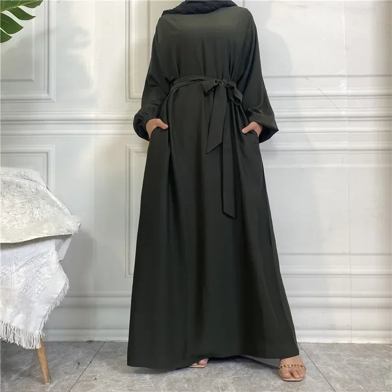 Modest for Muslim Women Casual Abayas Prayer Longue Maxi Dress Dubai Turkey Arabic Robe Belted Ramadan Eid Kaftan Islam Jalabiya