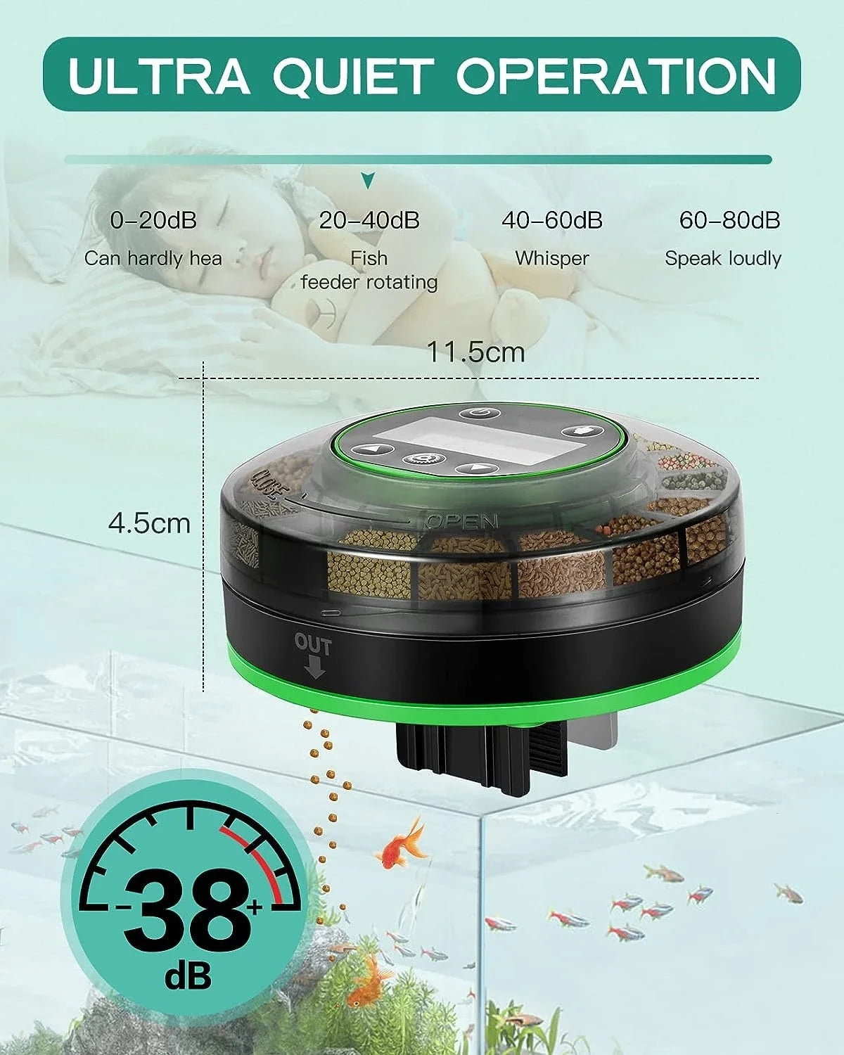 Automatic Fish Feeder for Aquarium, Automatic Food Dispenser with Timer, Rechargeable Timer Feeder, with USB Cable, LCD Display