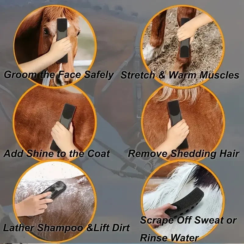6 in 1 Horse Grooming Kit, Mane & Tail Brush, Body Massage, Cleaning, Flea & Tick Removal, Rubber Comb, Riding Brush