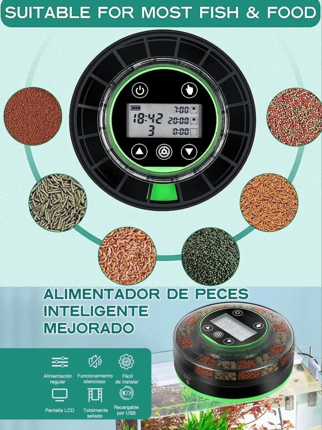 Automatic Fish Feeder for Aquarium, Automatic Food Dispenser with Timer, Rechargeable Timer Feeder, with USB Cable, LCD Display