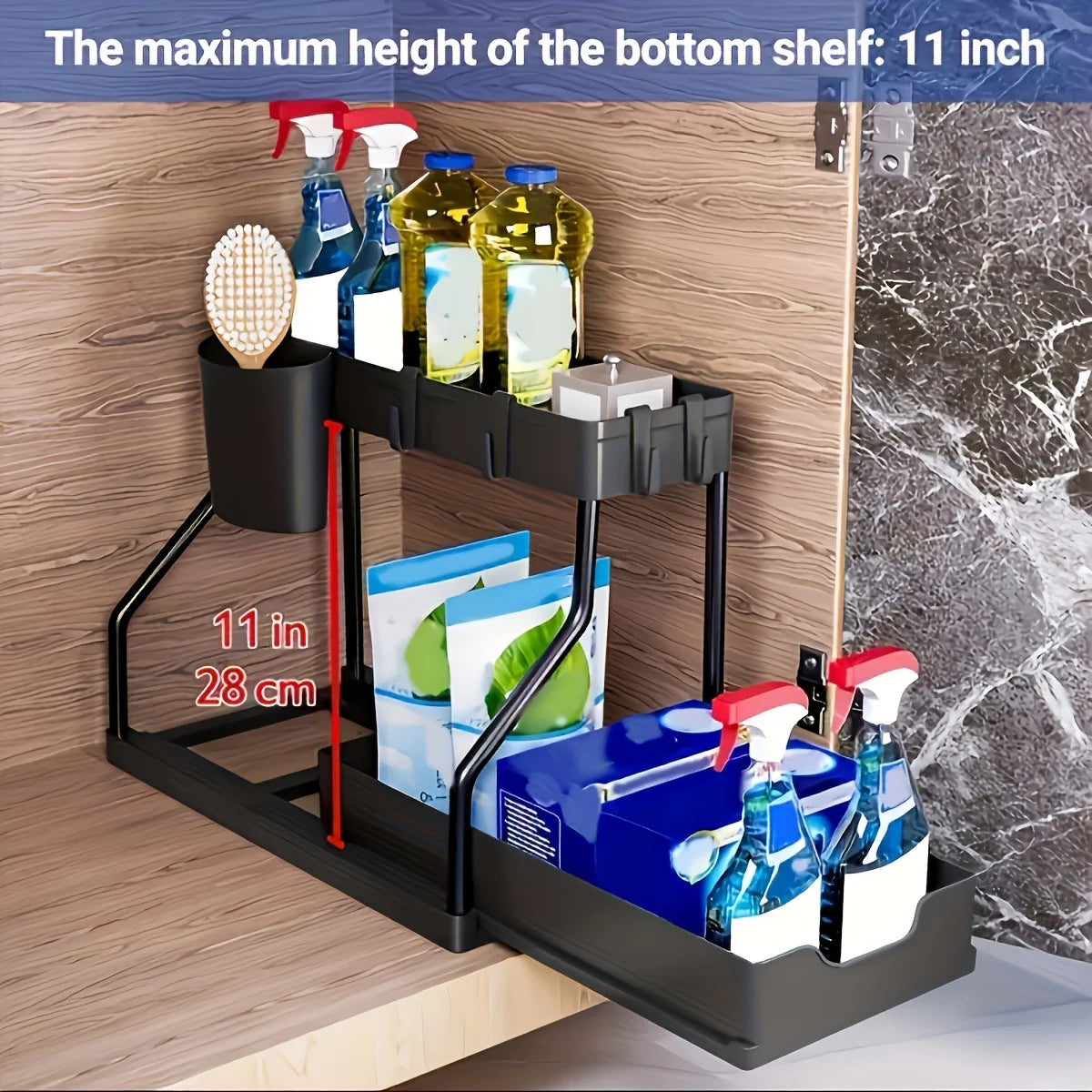 Space Saving 2 Tier Pull Out Storage Box Durable Large Capacity Kitchen Bathroom Essential Drawer Organizer bathroom accessories