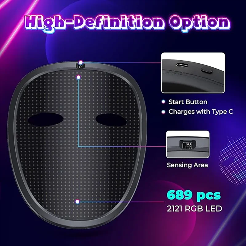 LED Mask with Gesture Sensing Children Electronic Light up Mask for Halloween Party Festival Performance Kids Luminous Mask