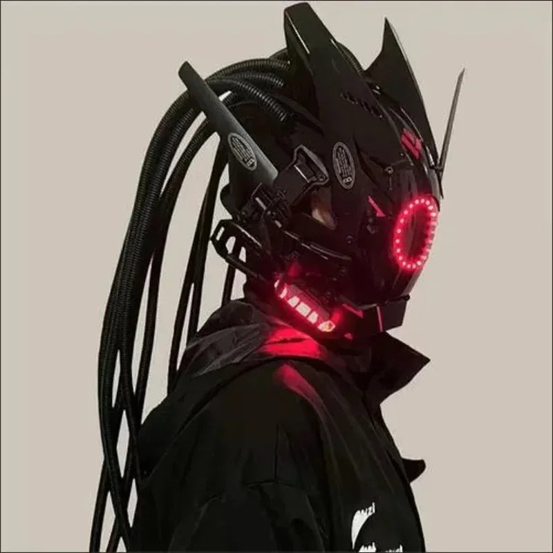 Cyberpunk mask red lighting led with hair Music Festival fantastic cosplay sci-fi soldier helmet Halloween party gift for adults